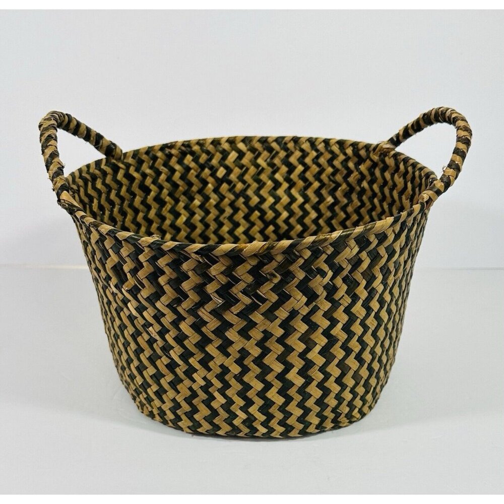 Woven Nantucket Style Basket Round Handles Handmade Home Decor Coastal Tan Black